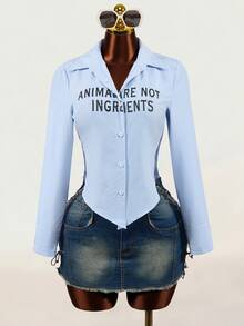 Mistrie Women's Striped Letter Print Long Sleeve Slim Fit Shirt - Blue and White - View 5