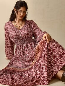 Nubod Plus Size Bohemian Style Cinched Waist Ruffle Full Skirt Dress Fall - Multicolor - View 1
