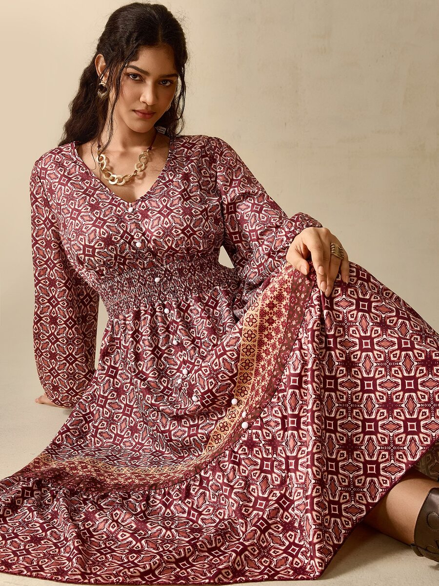 Nubod Plus Size Bohemian Style Cinched Waist Ruffle Full Skirt Dress Fall - Multicolor - View 1