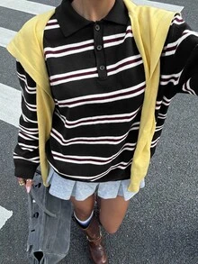 Muchica 女款條紋 Polo 領落肩長袖休閒百搭針織衫 - 黑色 - 查看 3