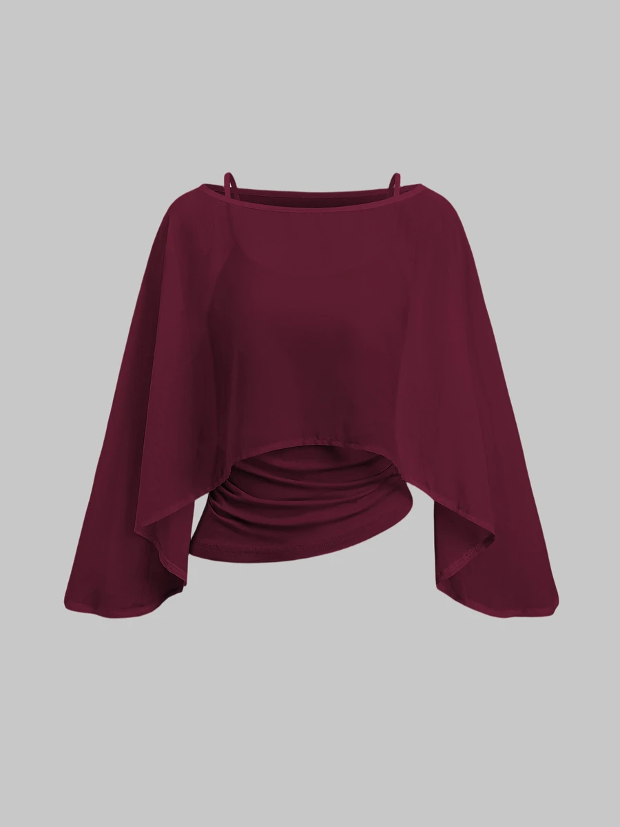 Sweetra 2pcs Set With Boat Neck Flowy Chiffon Cape Outerwear And Elastic Ruched Waist Camisole Inner, Elegant Beige Outfit For Office Commute, Casual And Date Wear - Burgundy - View 1