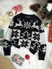 1pc Tween Girls Kids Toddler Casual Christmas Reindeer Snowflake Tree Knitted Long Sleeve Soft Thick Sweaters Pull Jumpers Fall Tops Holiday Fall Winter - Black - View 4