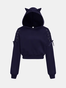 SHEIN Girlism 兒童青少年女孩秋冬萬聖節時尚街頭風黑色貓耳連帽長袖抽繩套頭運動衫 - 藍色 - 查看 1