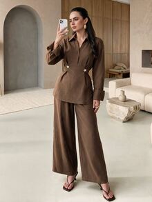 Mulvari Women's Striped Long Sleeve Blouse With Metal Waist Decoration And Pants Elegant Two Pieces Set - Coffee Brown - View 5
