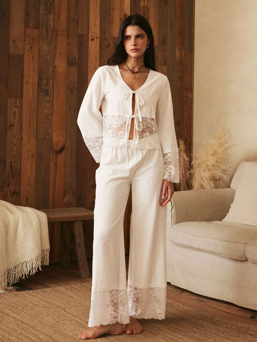 Lullawish Bohemian 100% Cotton V-Neck Lace Patchwork Long Sleeve Pants Pajama Set For Women - White - View 1