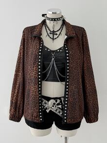 Sunspun Plus Size Zip-Up Casual Loose Jacket, Comfortable Subculture Visual Style Studded Jacket - Multicolor - View 3