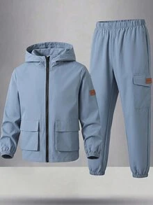 SHEIN 2pcs Kids Tween Boy Hooded Jacket And Jogger Pants Set, Casual Sports Style, Suitable For Autumn/Winter - Baby Blue - View 1