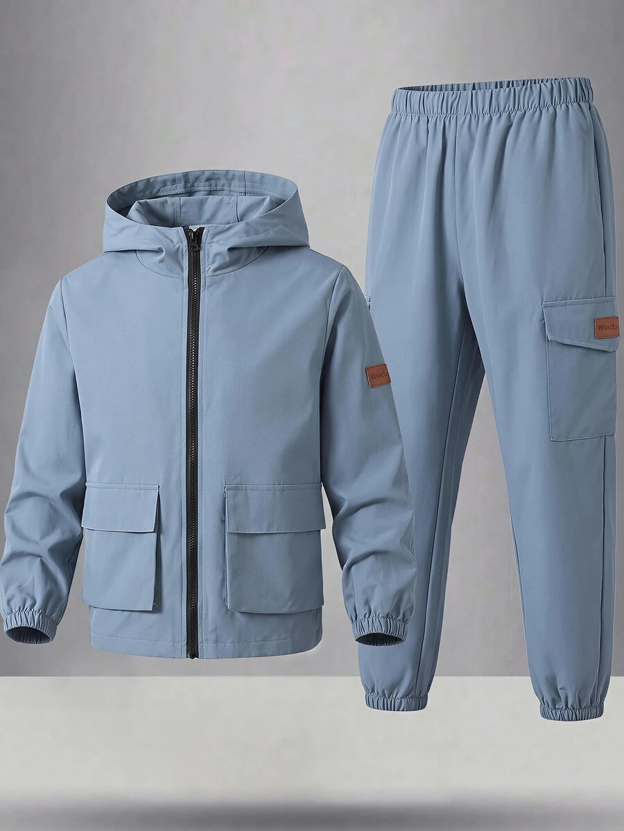 SHEIN 2pcs Kids Tween Boy Hooded Jacket And Jogger Pants Set, Casual Sports Style, Suitable For Autumn/Winter - Baby Blue - View 1