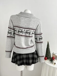 Dulcita Women's Autumn/Winter Half-Zip Small Lapel Collar Contrast Color Long Sleeve Loose Fit Knit Sweater - Light Grey - View 2