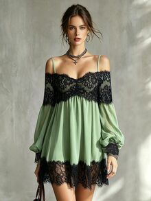 Glimmora Women's Green Contrast Lace Cami Short Dress - Green - View 1