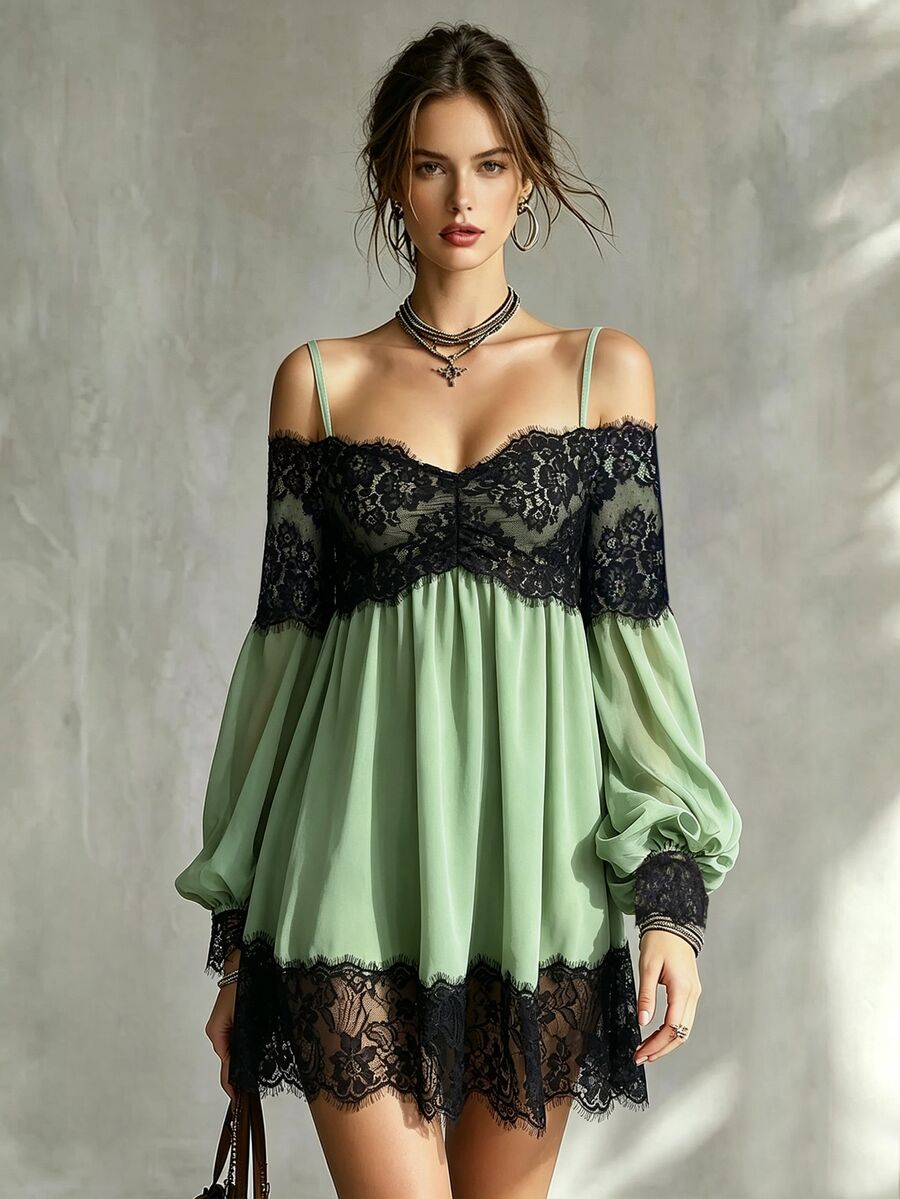 Glimmora Women's Green Contrast Lace Cami Short Dress - Green - View 1