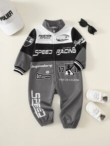 SHEIN Newborn Baby Boy Autumn Winter Sports Casual Colorblock Blue Letter Print Pattern Long Sleeve Romper Racing Romper Blue Romper Baby Boy Romper - Grey - View 1