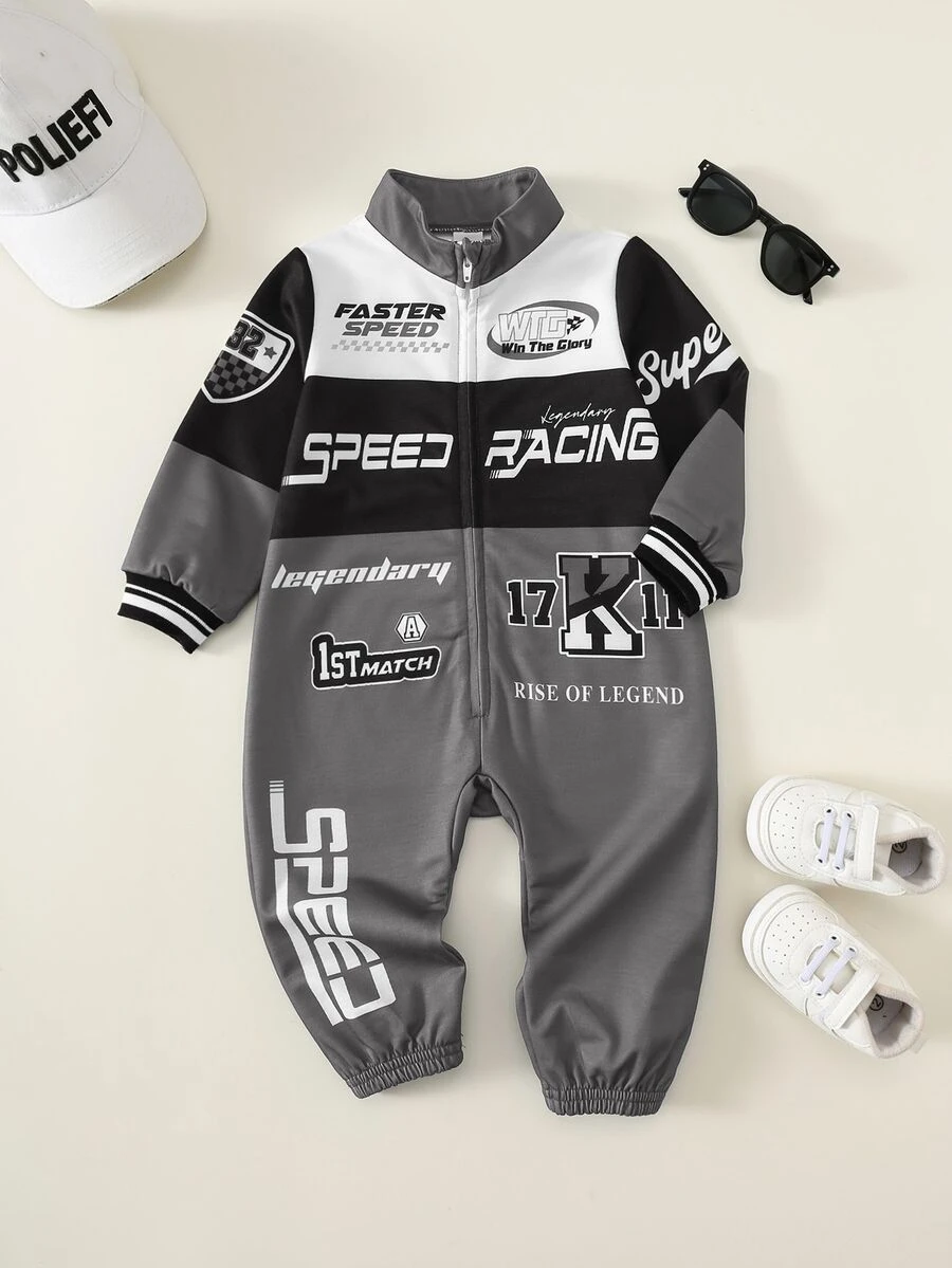 SHEIN Newborn Baby Boy Autumn Winter Sports Casual Colorblock Blue Letter Print Pattern Long Sleeve Romper Racing Romper Blue Romper Baby Boy Romper - Grey - View 1