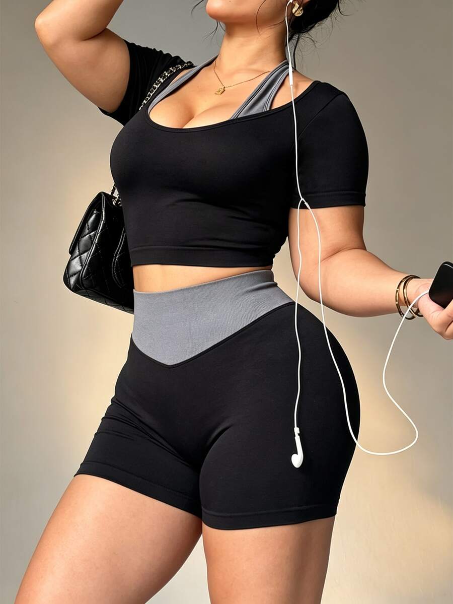SHEIN Rhythm Era Women's Plus Size 2 In 1 Halter Neck T-Shirt And Shorts Sports Set - Black - View 1