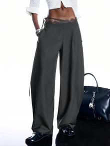 LYSMO Women's Fashion Lace Patchwork Tie-Up Loose Long Pants - Light Grey - View 7