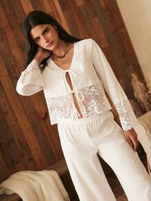 Lullawish Bohemian 100% Cotton V-Neck Lace Patchwork Long Sleeve Pants Pajama Set For Women - White - View 4