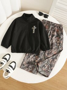 SHEIN 2件組兒童小男孩秋冬休閒立領夾克與長褲迷彩套裝，男童夾克套裝，秋冬穿搭 - 彩色 - 查看 3
