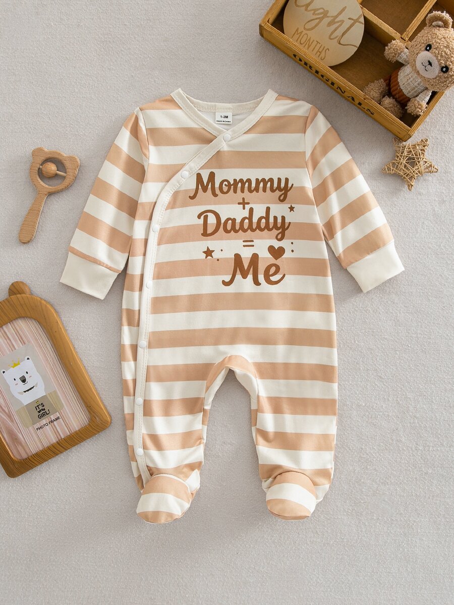 SHEIN Vintaside Kids 新生兒嬰兒連身衣,長袖連身褲,側開襟不對稱領口,包腳睡衣,居家穿著,秋冬款,中性 - 彩色 - 查看 1