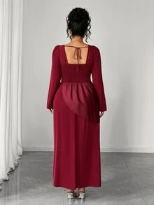 Elenzga Plus Size Elegant Satin Square Neck Cinched Waist Slit Long Sleeve Pleated Evening Gown Dress Fall - Burgundy - View 2