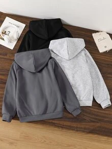 SHEIN 3件組買2送1兒童青少年男孩休閒百搭保暖內裡加厚運動衫，黑色運動衫、深灰色運動衫、麻灰運動衫，百搭上衣，適合秋冬、學校、運動、秋季穿搭、冬季穿搭 - 彩色 - 查看 5