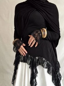 Modelyn Women's Slim Fit Ruffle Long Sleeve Lace Patchwork Seaweed Sticks Elegant Design Versatile Fashion Autumn Plus Size Black Top - Black - View 3