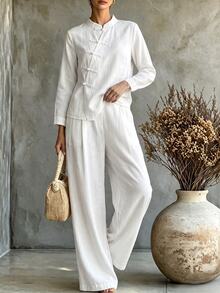 SHEIN Women's New Chinese Style Linen Set, Asymmetrical Collar Frog Button Top, High Waist Draped Wide Leg Pants With Pockets, 2 Pieces Set - White - View 3