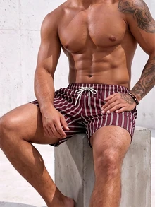 Manfinity KASUA Men's Vertical Striped Drawstring Waist Pocket Beach Shorts - Burgundy - View 6