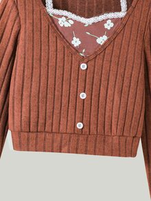 SHEIN Genkimix Kids 2件組 青少年女孩可愛拼接V領長袖T恤與刺繡牛仔褲套裝，秋季 - 棕色 - 查看 6