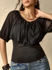 Nubod Plus Size Women's Solid Color Front Tie Short Sleeve Cinched Waist Top - Black - View 6