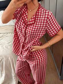 Napfluff Pink Plaid Print Button-Down Short Sleeve & Long Pants Women's Pajama Set, 2 Pieces - Burgundy - View 4