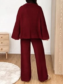 SHEIN EZwear Women's Casual Comfortable Burgundy Half-Open Cardigan Sweater & Solid Color Pants Two Pieces Set, Autumn/Winter - Burgundy - View 2