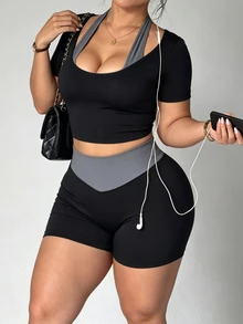 SHEIN Rhythm Era Women's Plus Size 2 In 1 Halter Neck T-Shirt And Shorts Sports Set - Black - View 4