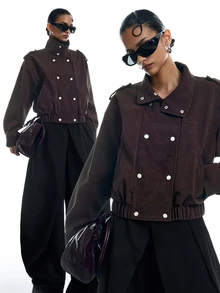 LYSMO Women's Vintage High Neck Button Pocket Long Sleeve Jacket - Brown - View 1