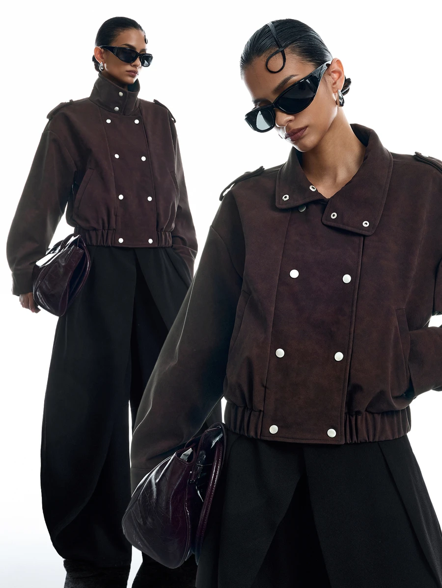 LYSMO Women's Vintage High Neck Button Pocket Long Sleeve Jacket - Brown - View 1