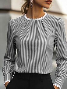 RosyDaze 女款優雅條紋領蕾絲拼接長袖襯衫，適合日常通勤、約會、居家穿著 - 黑色 - 查看 1
