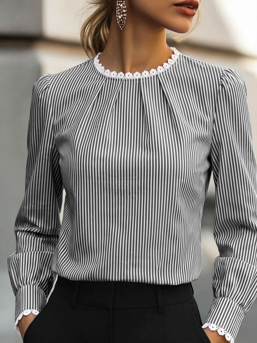 RosyDaze 女款優雅條紋領蕾絲拼接長袖襯衫,適合日常通勤、約會、居家穿著 - 黑色 - 查看 1