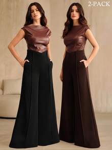 Anewsta Women's Autumn/Winter Solid Color Premium V-Shape High Waist Fashion Pocket Flared Long Pants - Multicolor - View 3