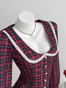 Elamini Women's Contrast Lace Plaid Peter Pan Collar Single-Breasted Ruffle Hem Cute Short Dress - Multicolor - View 5