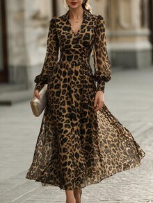 Balvessa Vintage Leopard Print Waist-Cinching Flowy Long Dress For Women - Multicolor - View 1