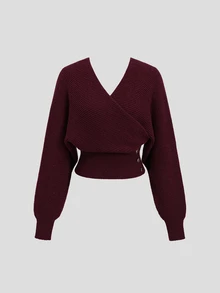 FavEase Women's Vintage Elegant Button Waist Long Sleeve Sweater - Burgundy - View 1