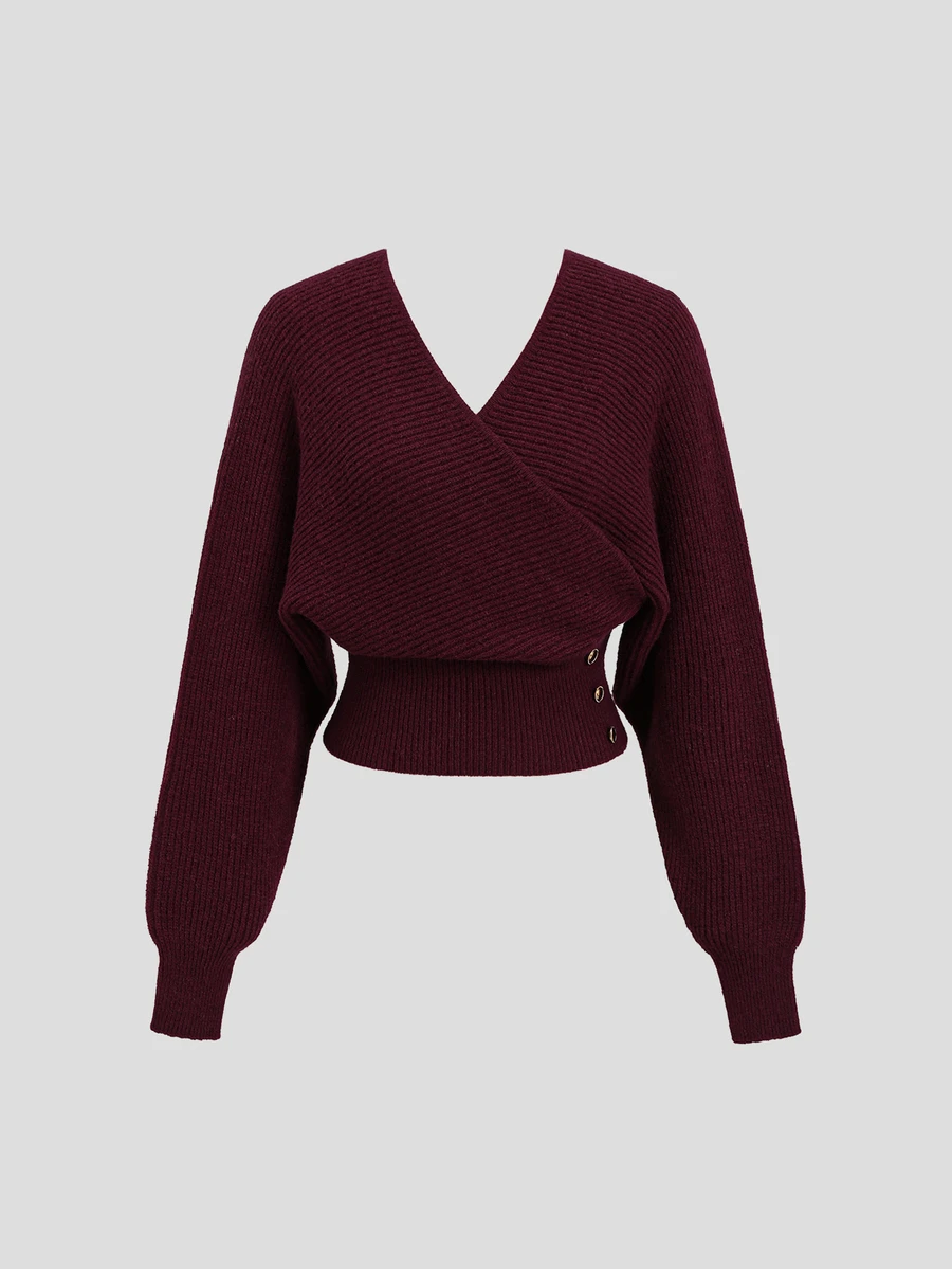 FavEase Women's Vintage Elegant Button Waist Long Sleeve Sweater - Burgundy - View 1