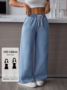 SHEIN PETITE 女款抽繩腰口袋寬腿寬鬆休閒牛仔褲 - 藍色 - 查看 7