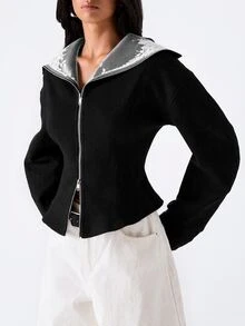 LYSMO Women's Street Fashion Lace Patchwork Zipper Jacket - Black - View 6