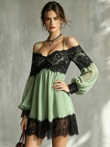 Glimmora Women's Green Contrast Lace Cami Short Dress - Green - View 5