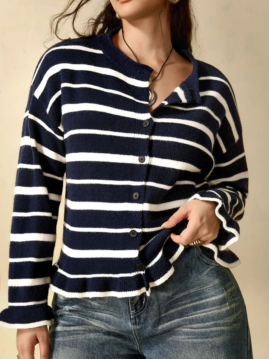 Nubod Plus Size Knitted Crew Neck Colorblock Button Rolled Hem Long Sleeve Sweater Casual Comfortable - Multicolor - View 1