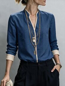 Louniche Women's New Chinese Style Stand Collar Contrast Trim Minimalist Commuter Design Blouse - Navy Blue - View 3