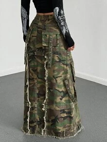 StreetHx Plus Size Women's Camouflage Cargo Pocket Frayed Hem Extra Long Denim Skirt - Multicolor - View 2
