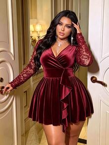NU&NOW Dark Green Velvet Bodycon Dress For Women, Autumn French Style V-Neck Lace Patchwork Long Sleeve Cinched Waist Flattering Slimming Ruffle Hem Short Dress - Burgundy - View 3