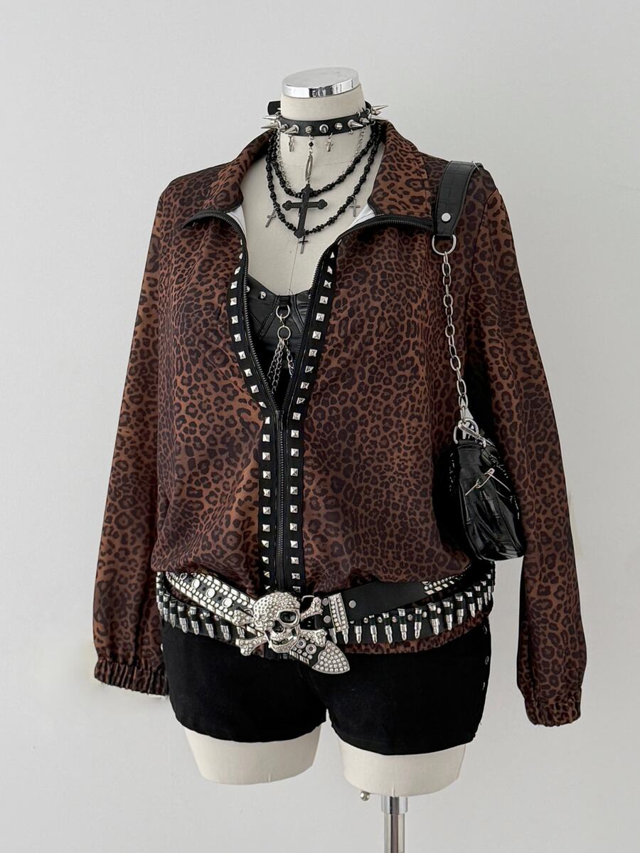 Sunspun Plus Size Zip-Up Casual Loose Jacket, Comfortable Subculture Visual Style Studded Jacket - Multicolor - View 1