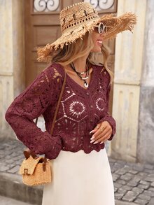 Brillora Women's Solid Color Hollow Out Casual Versatile Daily Wear Cardigan - Burgundy - View 7